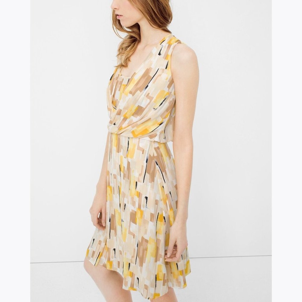 WHBM Yellow Geo Printed Surplice Dress sz 4 - Picture 3 of 11
